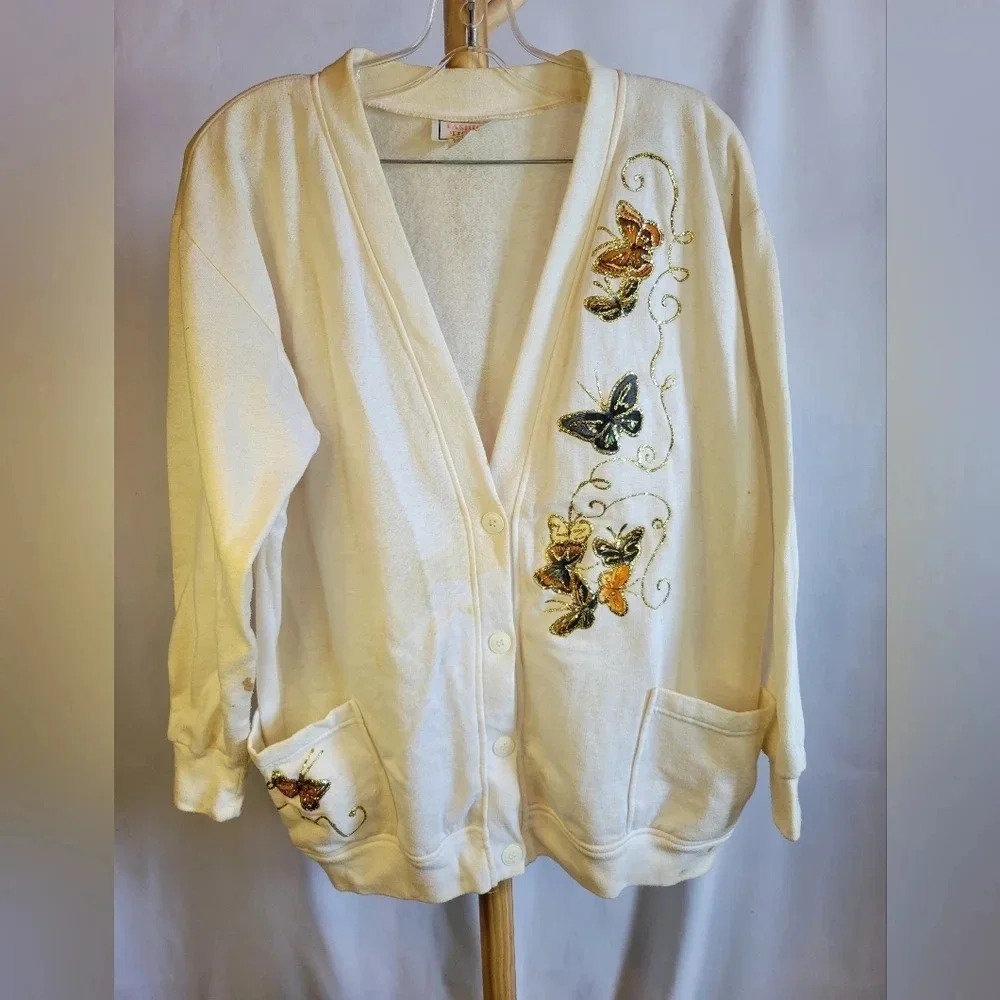 Vintage White Sweater with Glitter Butterflies  Pockets Medium - Picture 3 of 7